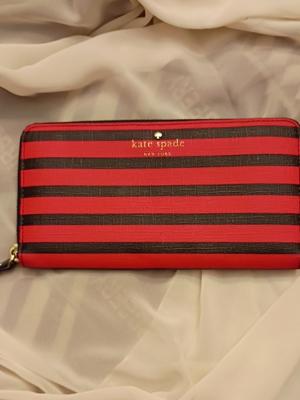 kate spade Red and Black Striped Zip Wallet with Gold Logo